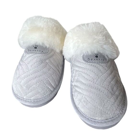 BearPaw Loki Faux Fur Slippers Light Gray Size 8 Nwot - Picture 1 of 7